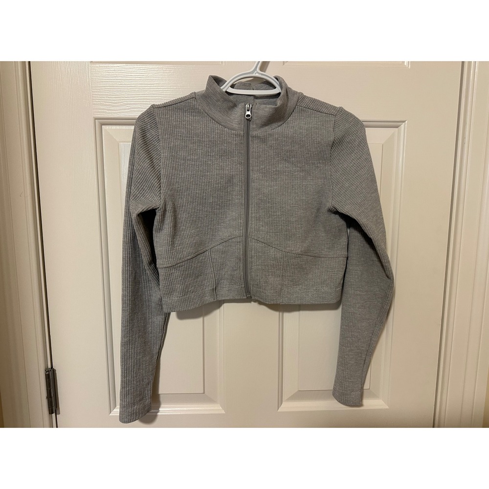 Forever 21 Jacket Women Small Gray Ribbed Knit Full Zip Cropped Activewear Top